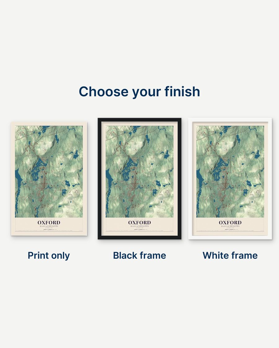 The Oxford, Massachusetts map as a print only, in a black frame and in a white frame