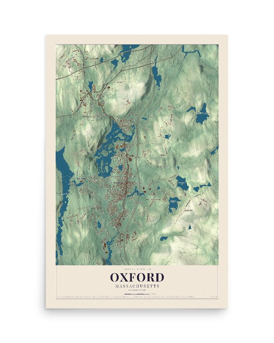 Oxford, Massachusetts map print, 12 x 18 in, print only