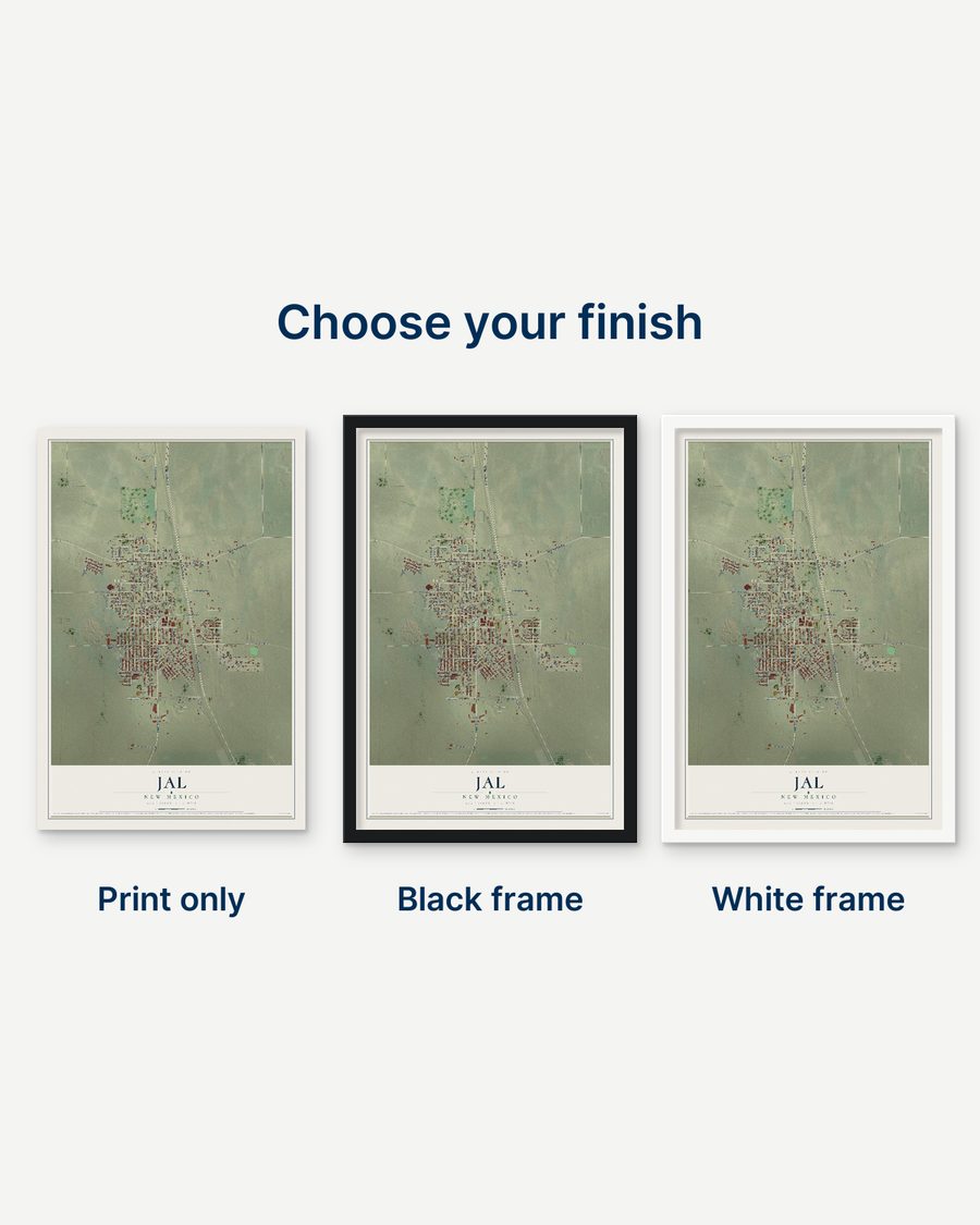 The Jal, New Mexico map as a print only, in a black frame and in a white frame
