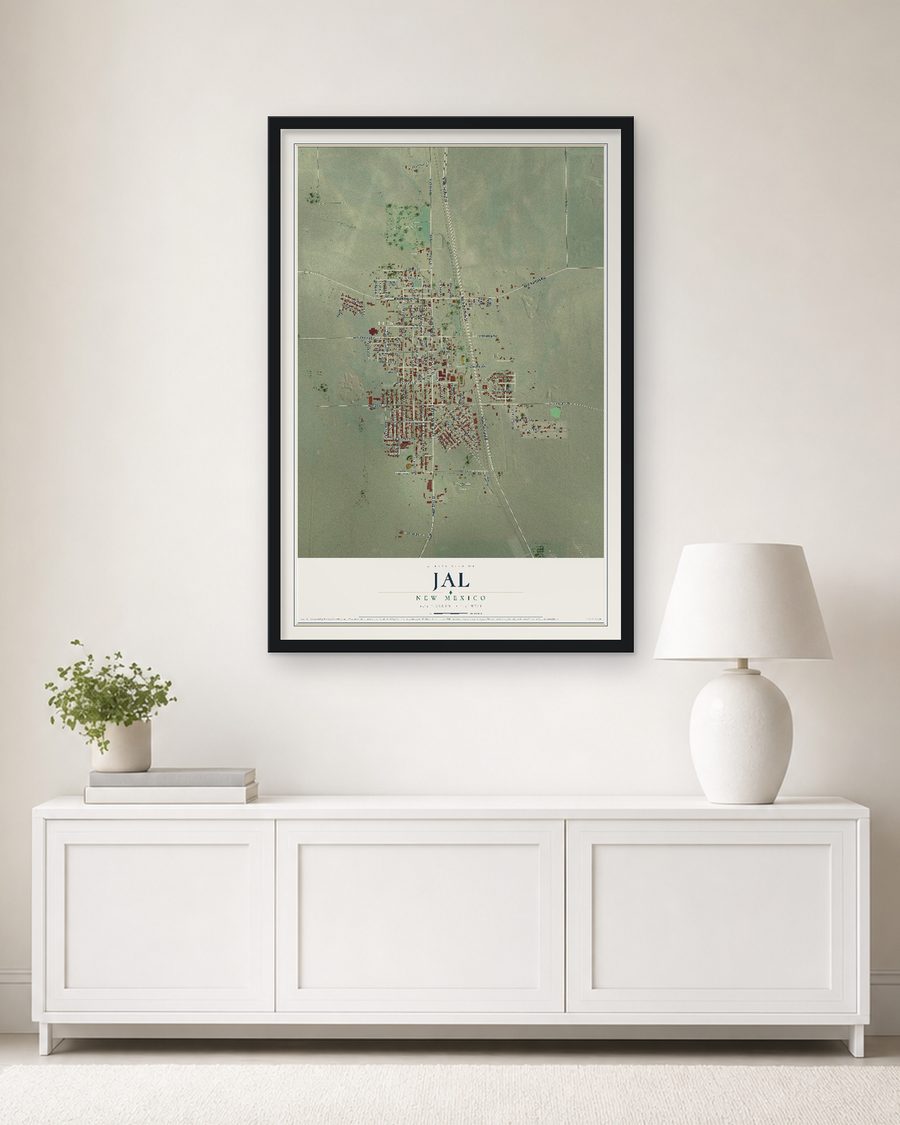 The Jal, New Mexico map, 24 x 36 in, in a black wood frame on a living room wall