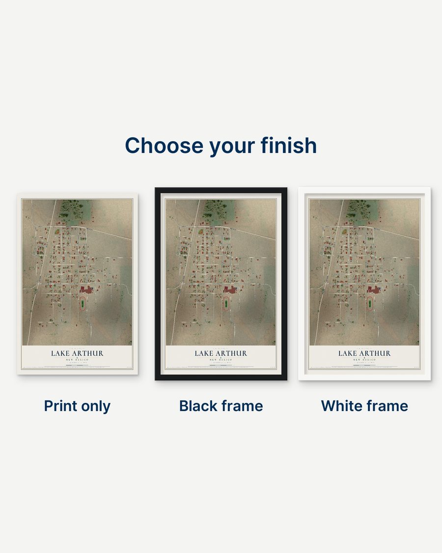 The Lake Arthur, New Mexico map as a print only, in a black frame and in a white frame