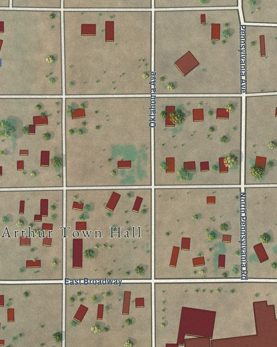 Close-up of Lake Arthur streets on the map