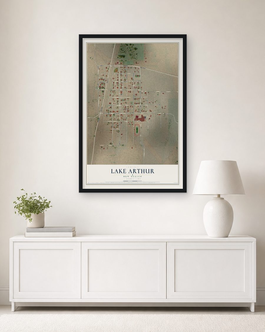 The Lake Arthur, New Mexico map, 24 x 36 in, in a black wood frame on a living room wall