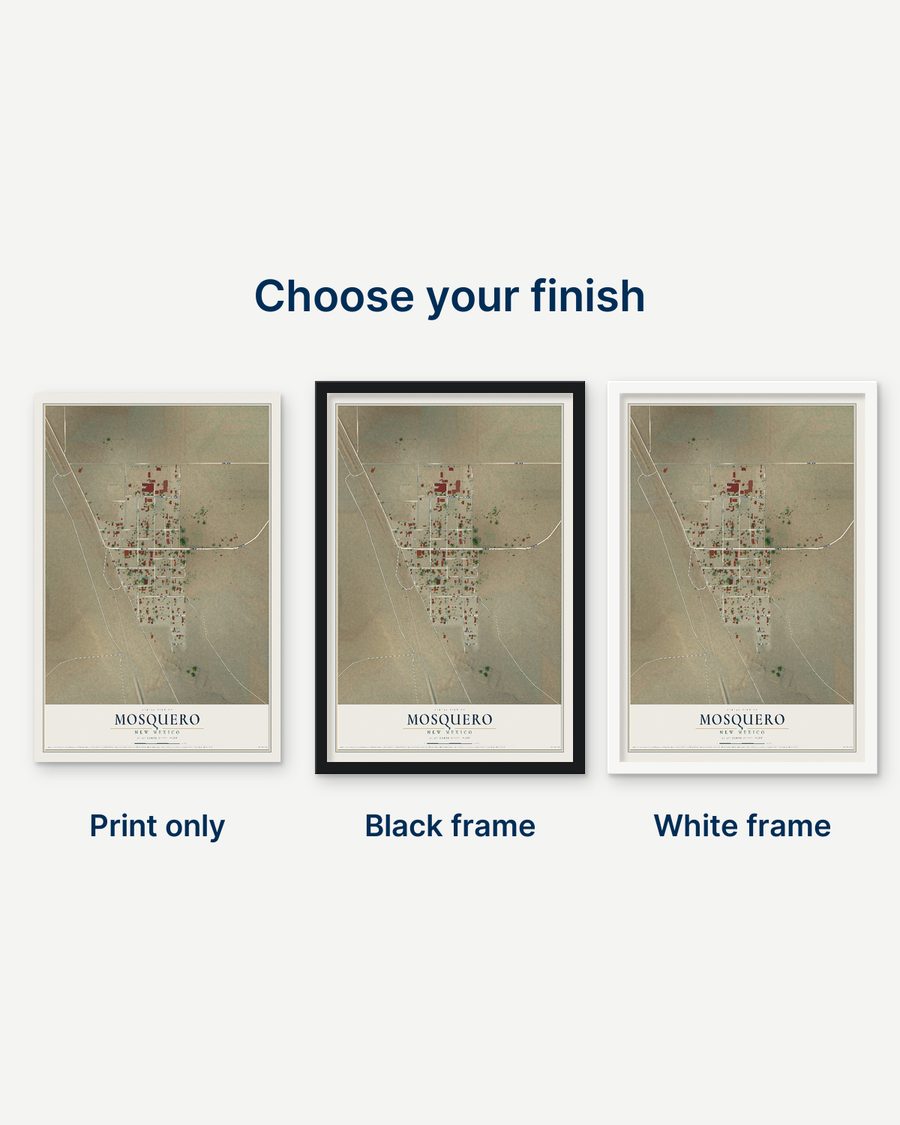 The Mosquero, New Mexico map as a print only, in a black frame and in a white frame