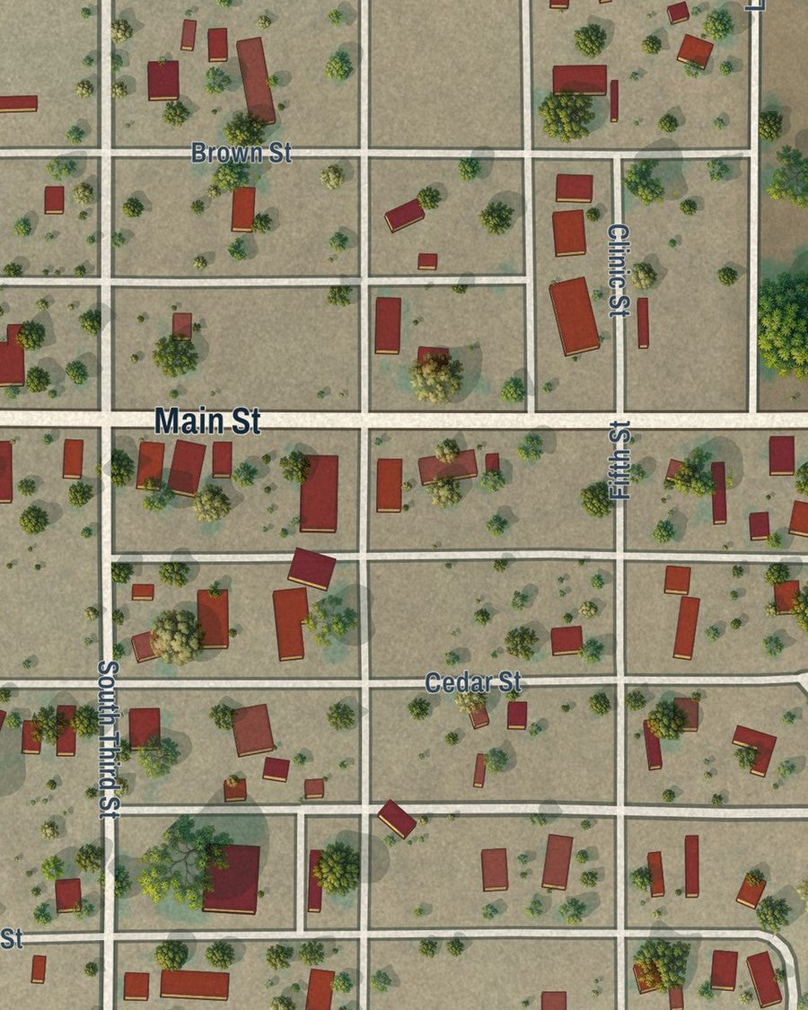 Close-up of Mosquero streets on the map