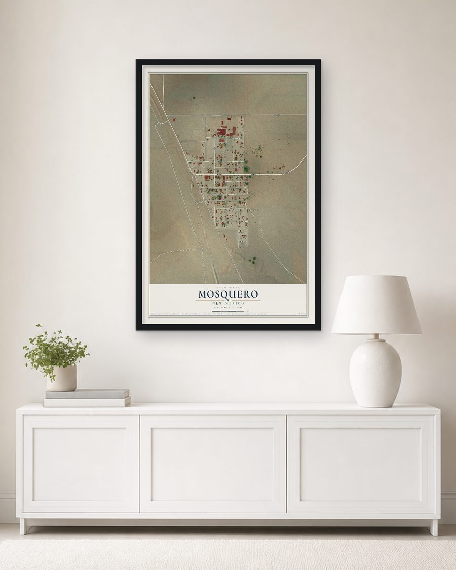 The Mosquero, New Mexico map, 24 x 36 in, in a black wood frame on a living room wall
