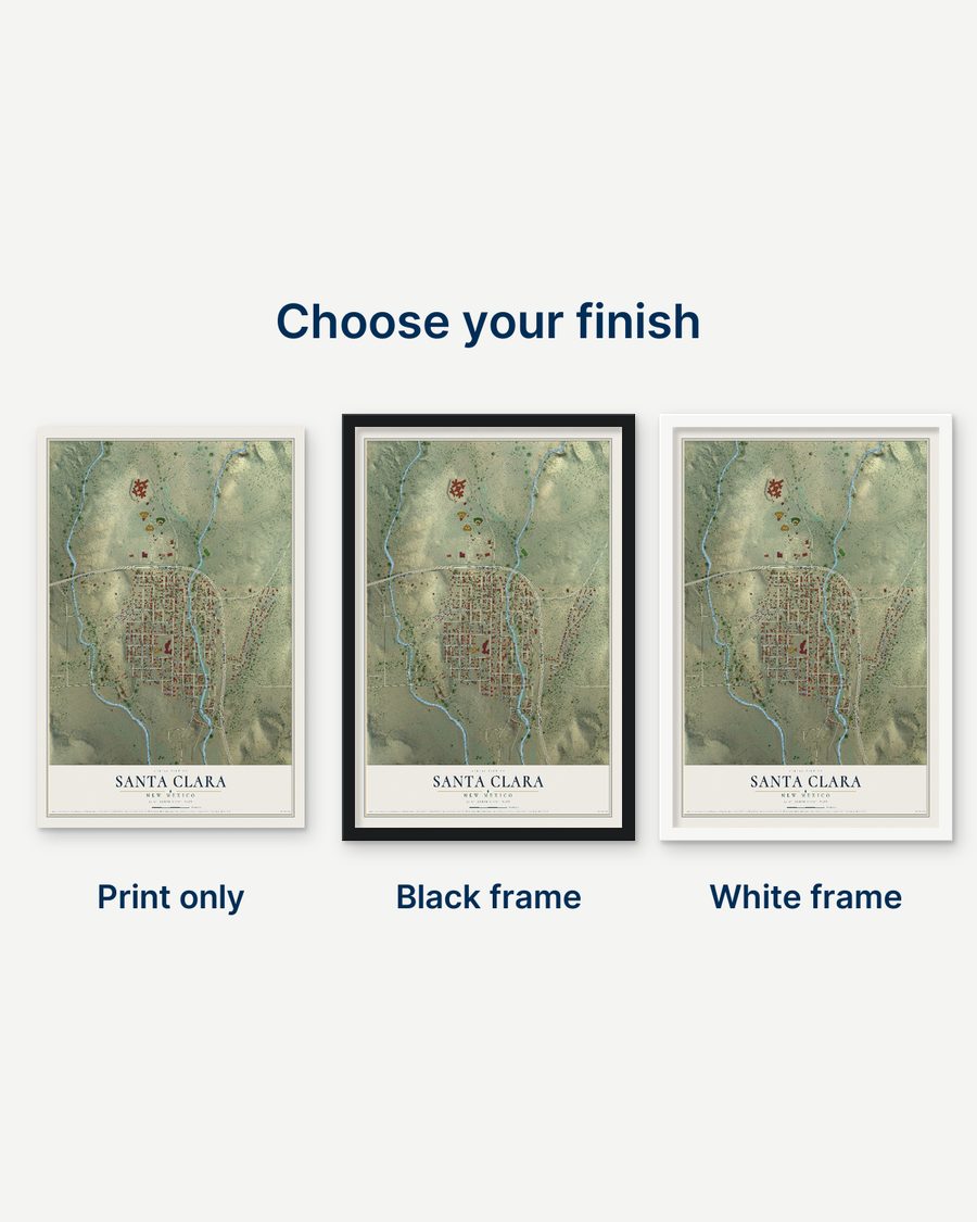 The Santa Clara, New Mexico map as a print only, in a black frame and in a white frame