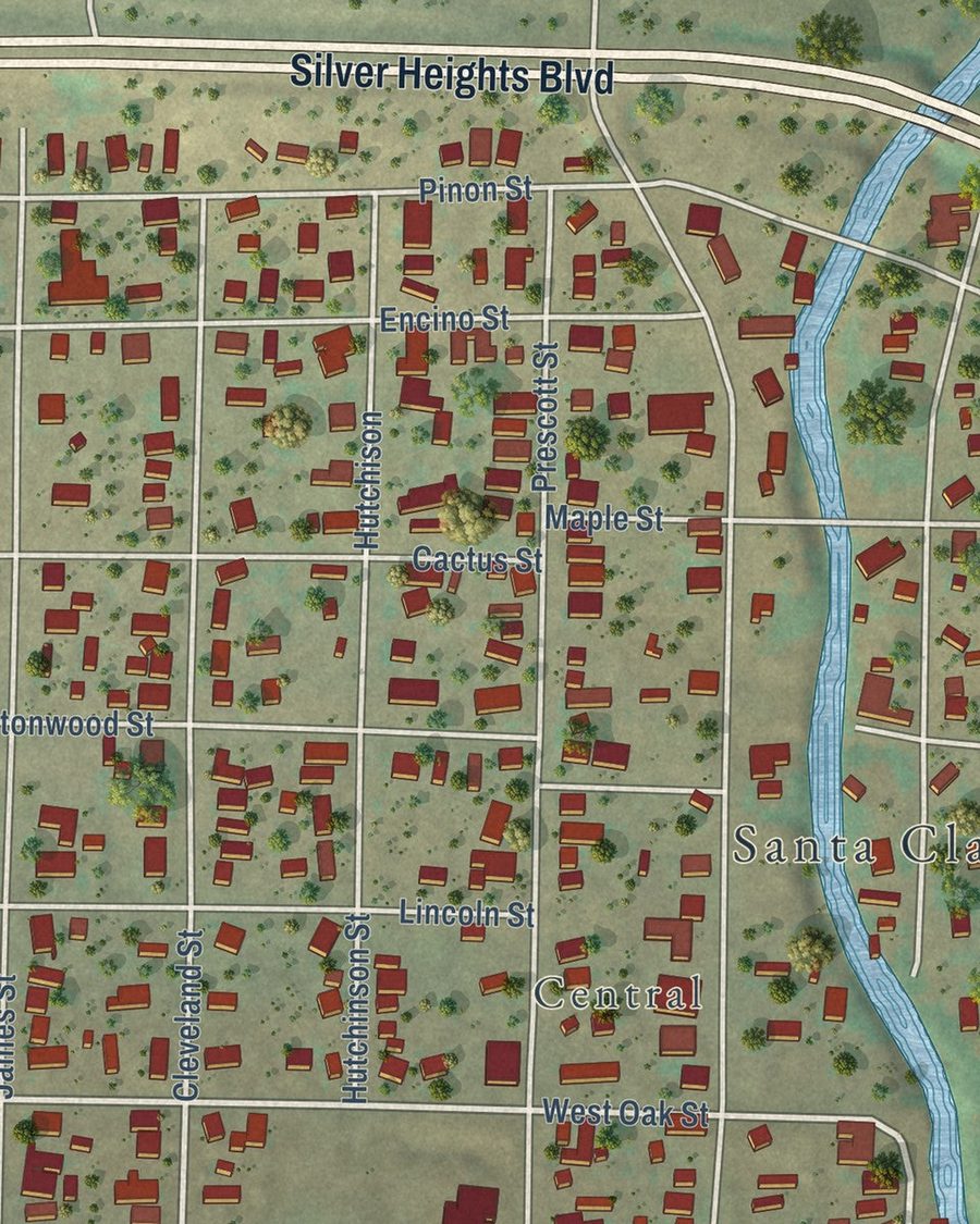 Close-up of Santa Clara streets on the map