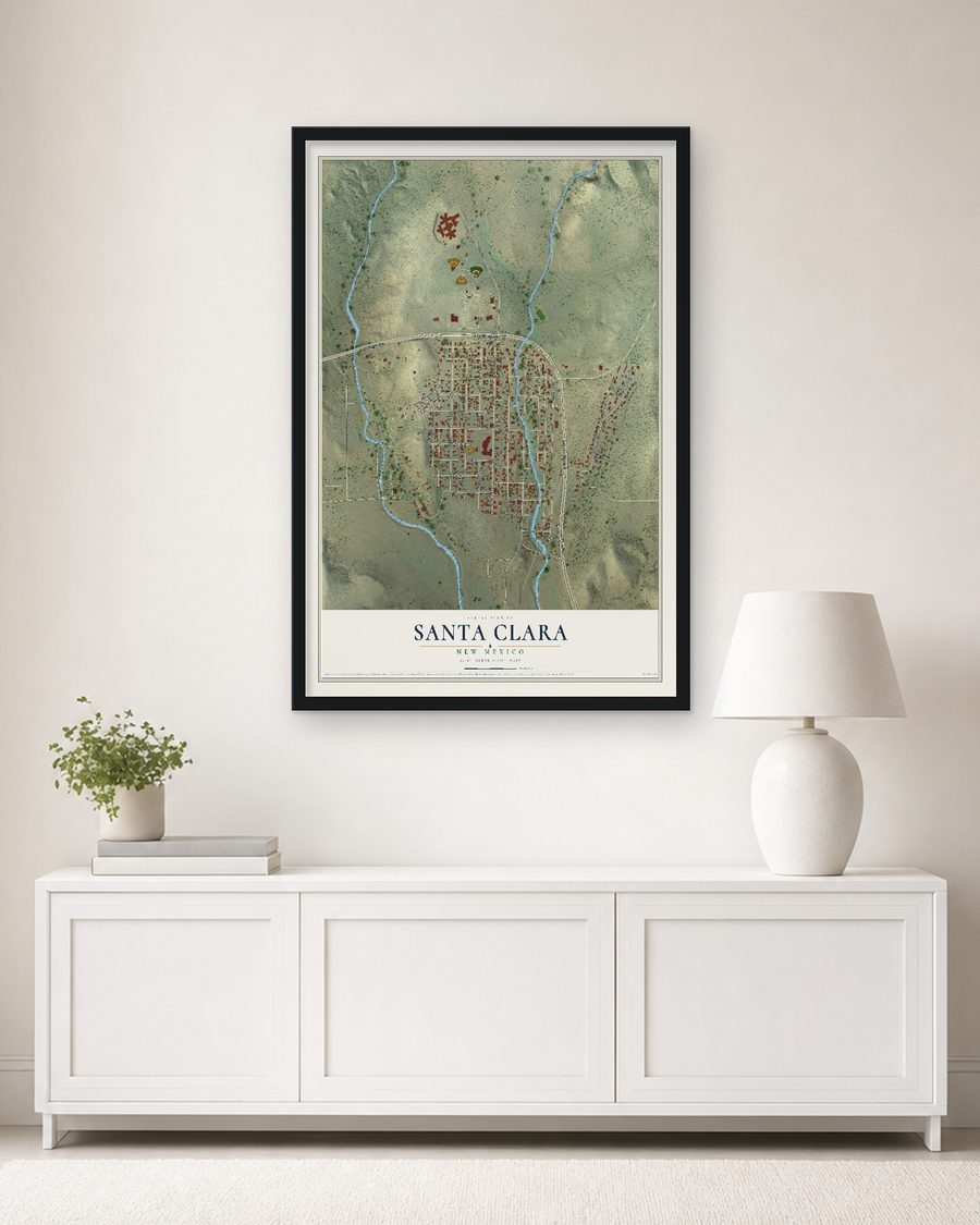 The Santa Clara, New Mexico map, 24 x 36 in, in a black wood frame on a living room wall