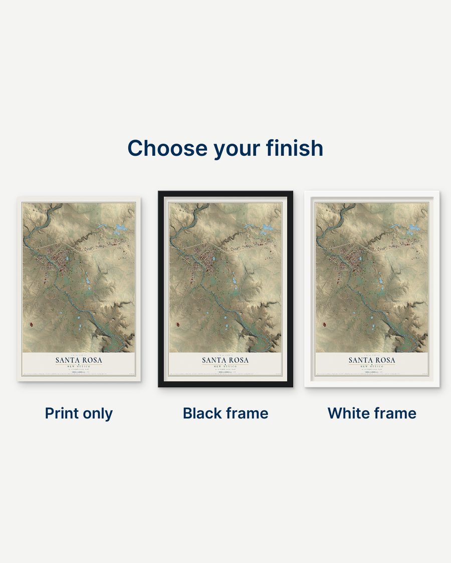 The Santa Rosa, New Mexico map as a print only, in a black frame and in a white frame