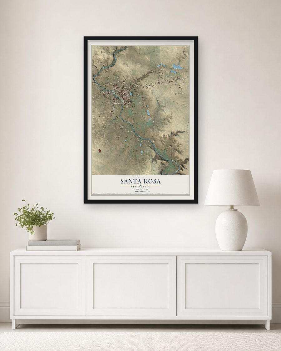 The Santa Rosa, New Mexico map, 24 x 36 in, in a black wood frame on a living room wall
