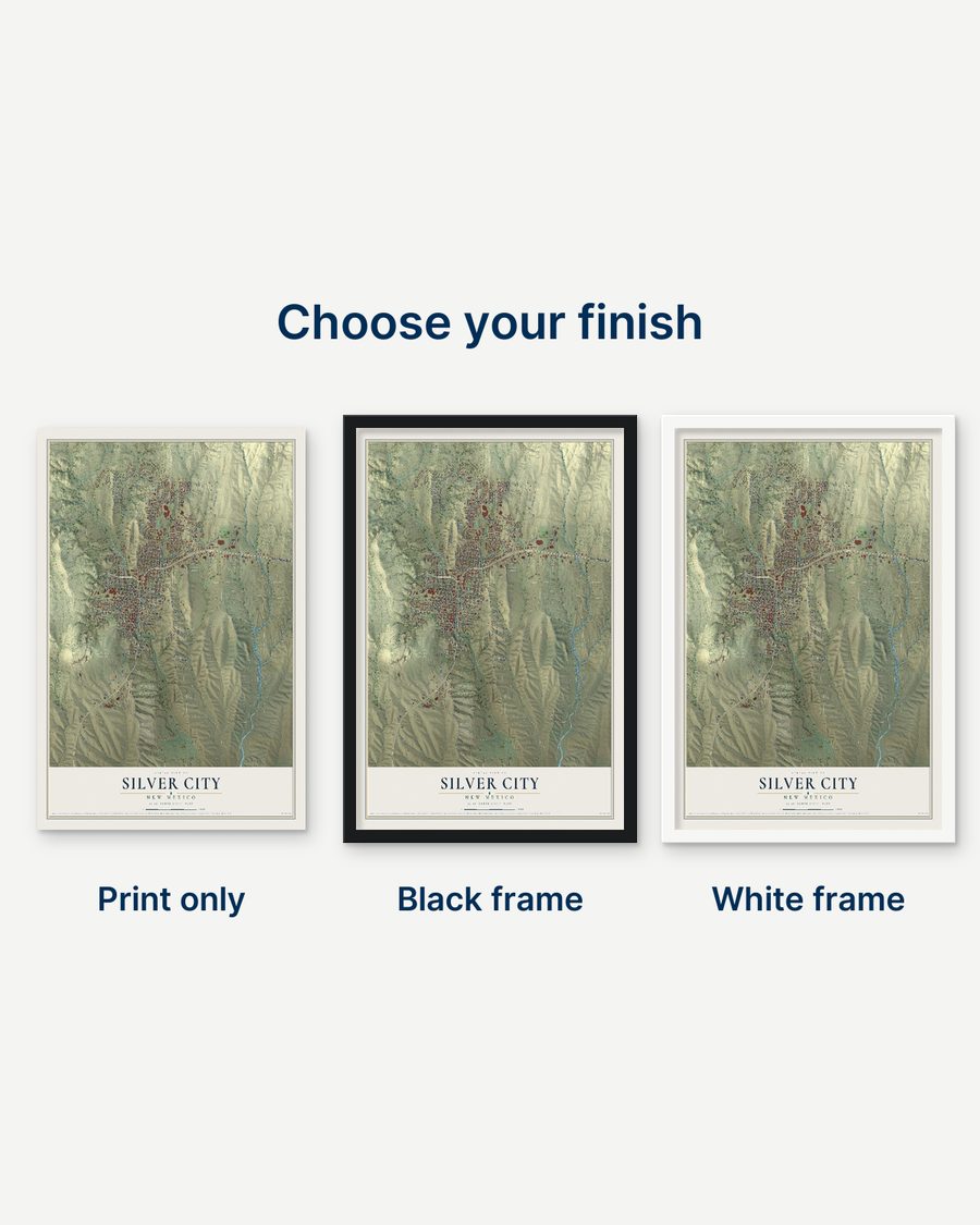 The Silver City, New Mexico map as a print only, in a black frame and in a white frame