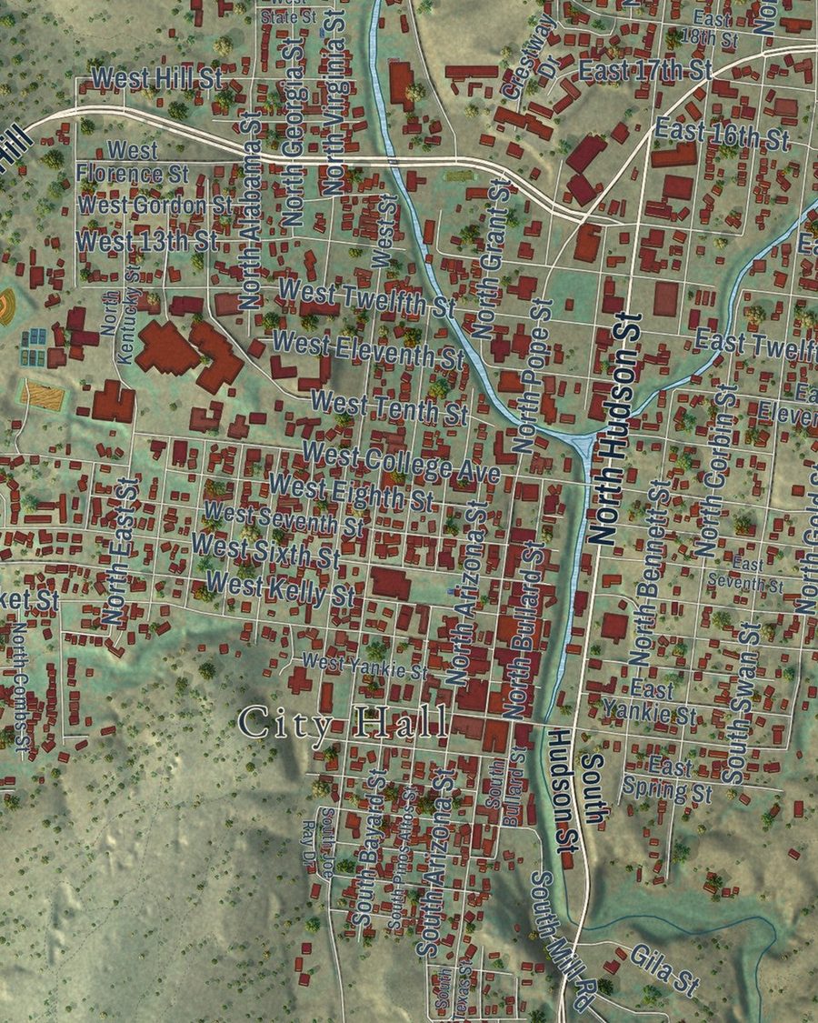 Close-up of Silver City streets on the map