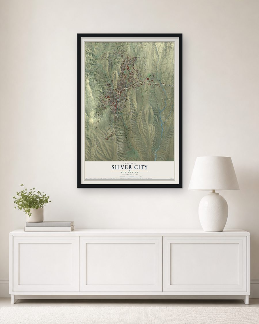 The Silver City, New Mexico map, 24 x 36 in, in a black wood frame on a living room wall