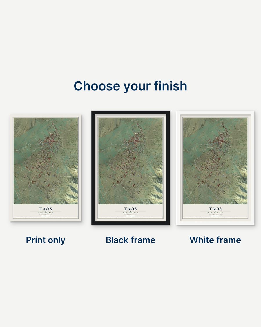 The Taos, New Mexico map as a print only, in a black frame and in a white frame