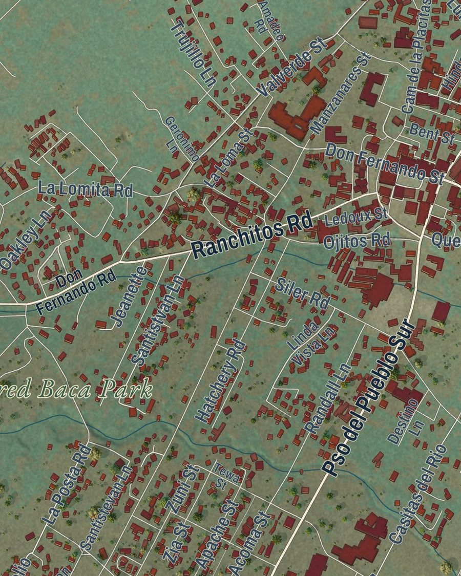 Close-up of Taos streets on the map