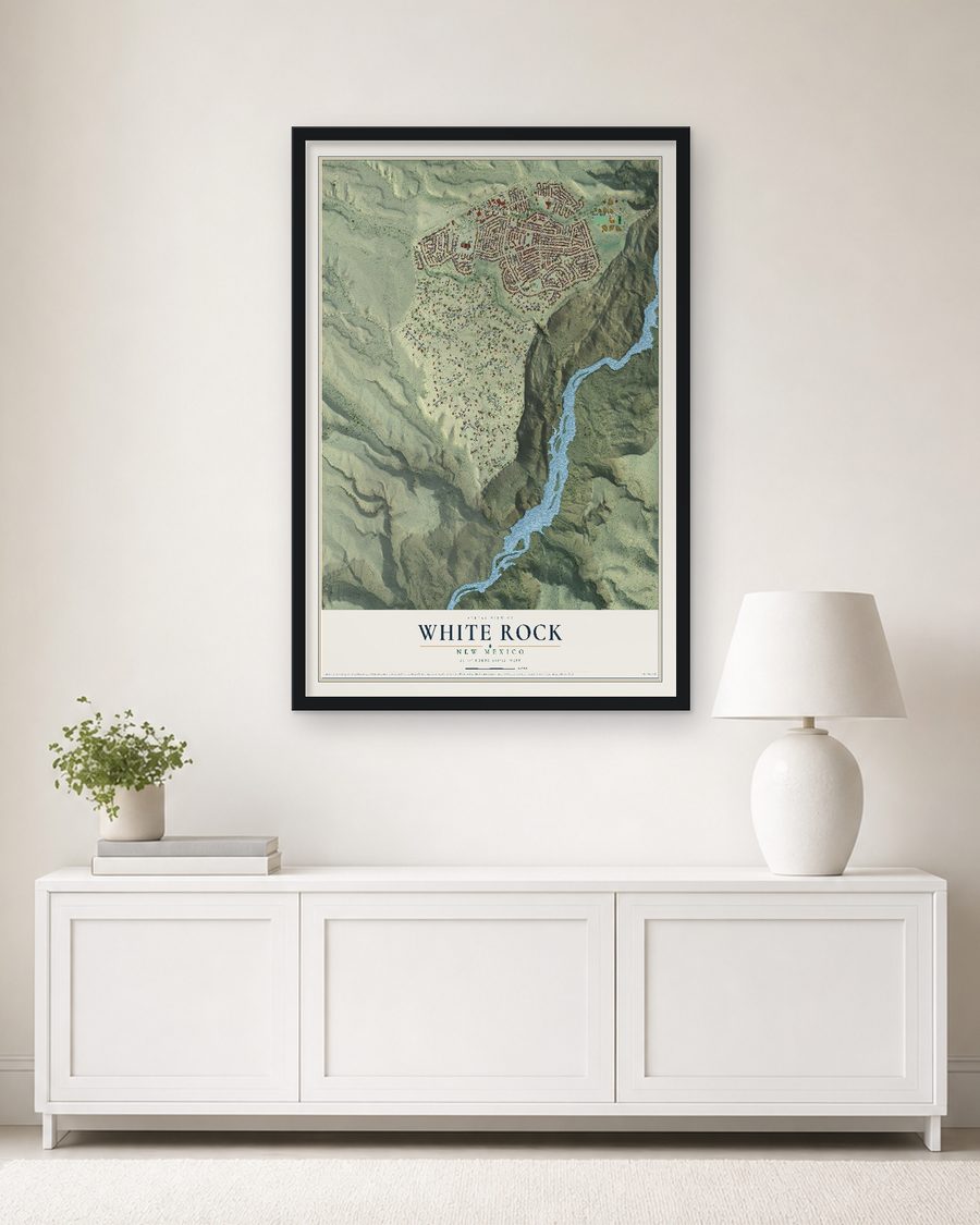 The White Rock, New Mexico map, 24 x 36 in, in a black wood frame on a living room wall
