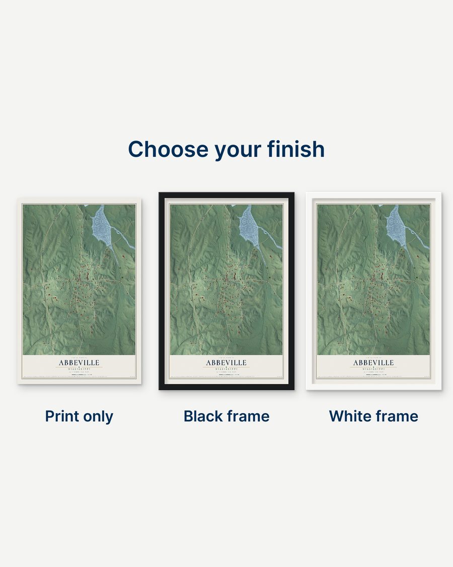 The Abbeville, Mississippi map as a print only, in a black frame and in a white frame