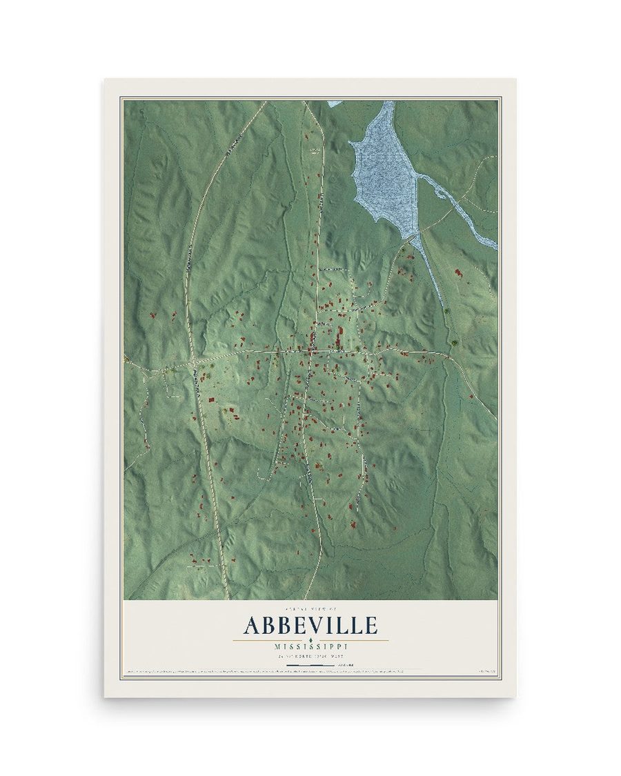 Abbeville, Mississippi map print, 12 x 18 in, print only
