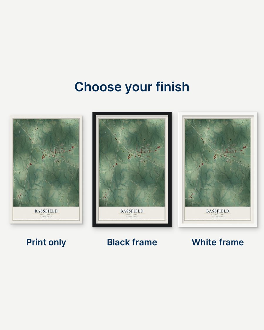 The Bassfield, Mississippi map as a print only, in a black frame and in a white frame
