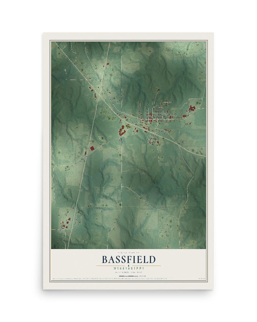 Bassfield, Mississippi map print, 12 x 18 in, print only