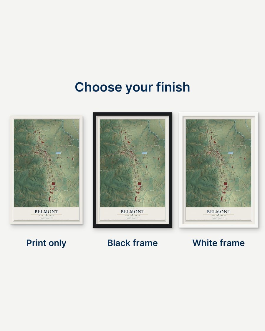 The Belmont, Mississippi map as a print only, in a black frame and in a white frame