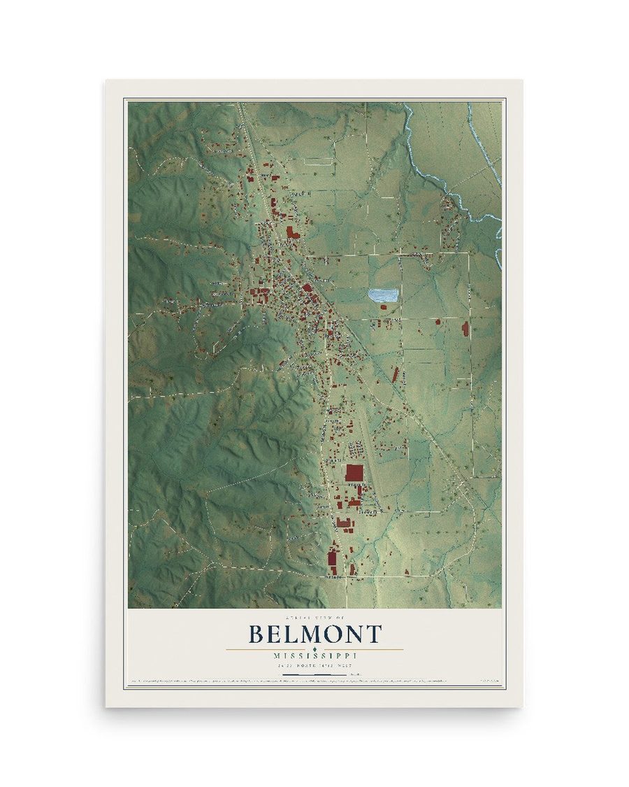 Belmont, Mississippi map print, 12 x 18 in, print only