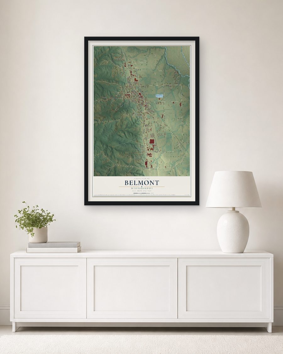 The Belmont, Mississippi map, 24 x 36 in, in a black wood frame on a living room wall