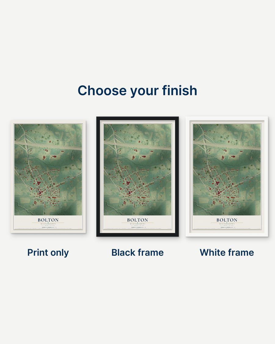 The Bolton, Mississippi map as a print only, in a black frame and in a white frame