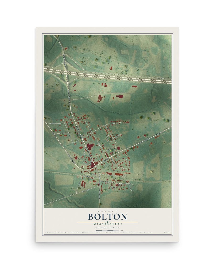 Bolton, Mississippi map print, 12 x 18 in, print only