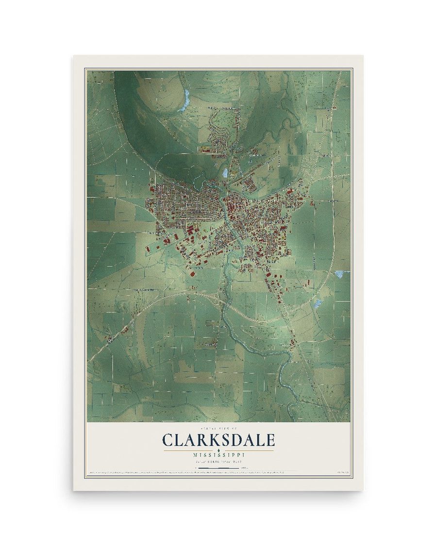 Clarksdale, Mississippi map print, 12 x 18 in, print only