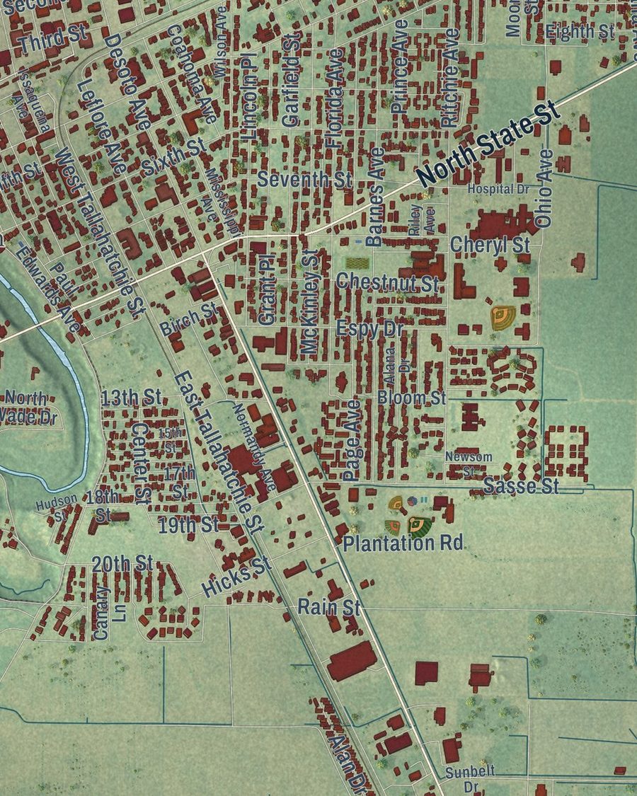 Close-up of Clarksdale streets on the map