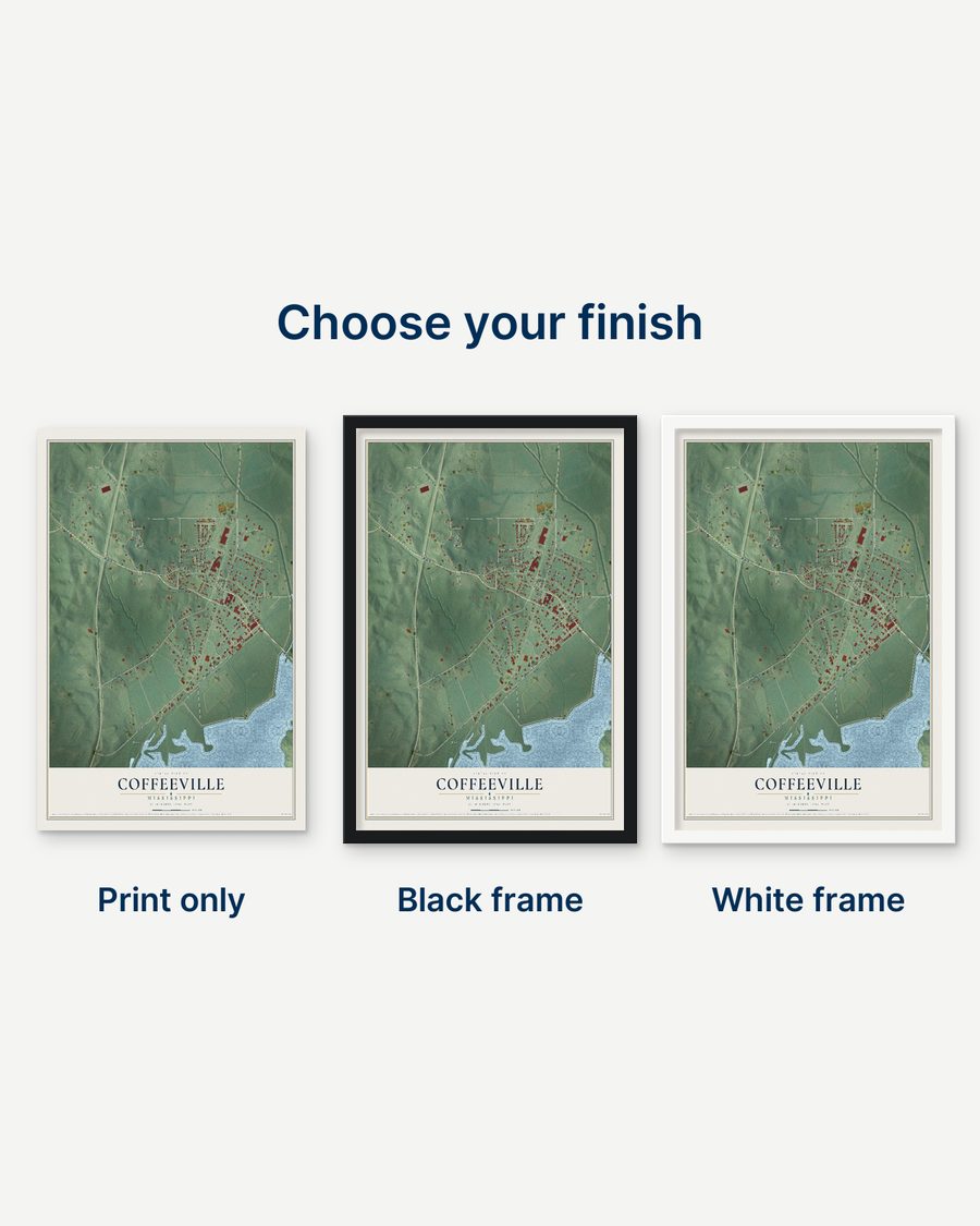 The Coffeeville, Mississippi map as a print only, in a black frame and in a white frame