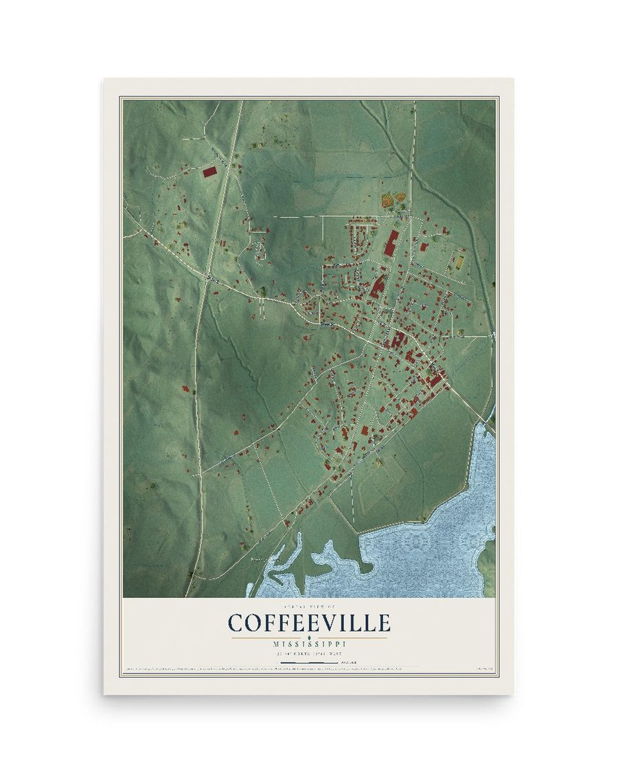 Coffeeville, Mississippi map print, 12 x 18 in, print only