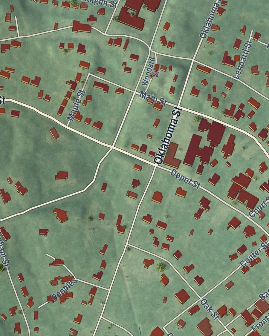Close-up of Coffeeville streets on the map