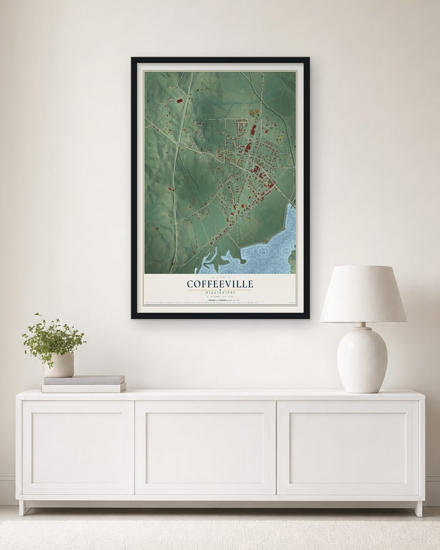 The Coffeeville, Mississippi map, 24 x 36 in, in a black wood frame on a living room wall