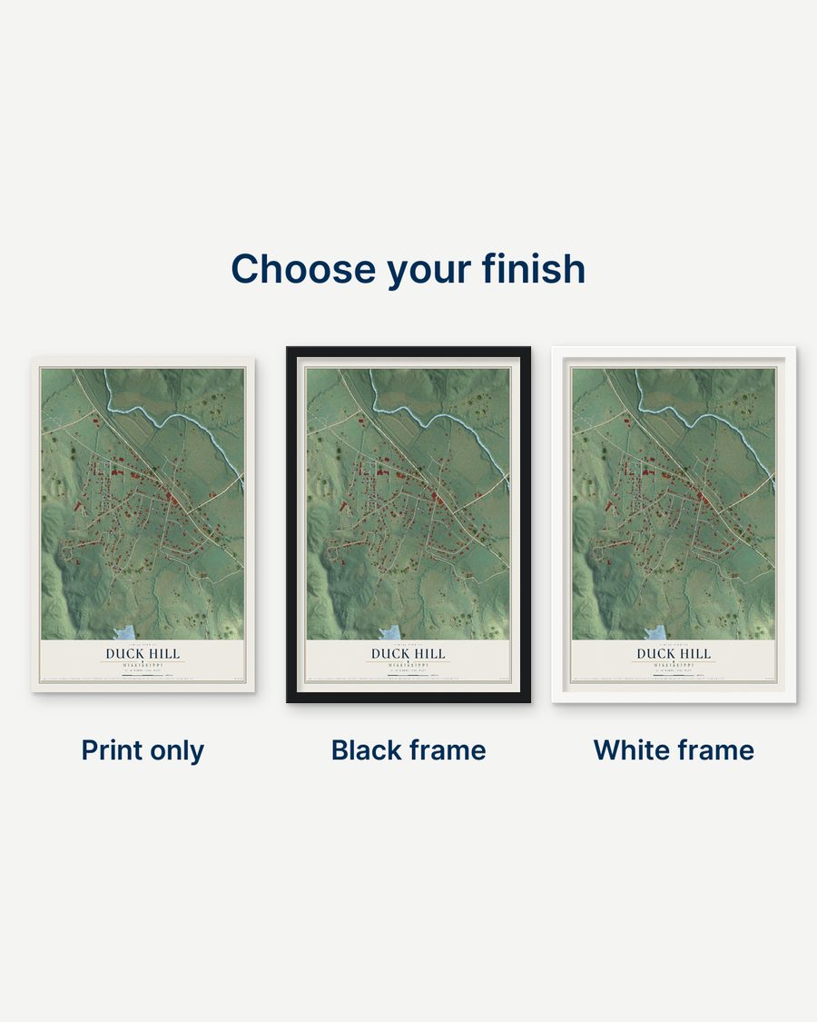 The Duck Hill, Mississippi map as a print only, in a black frame and in a white frame