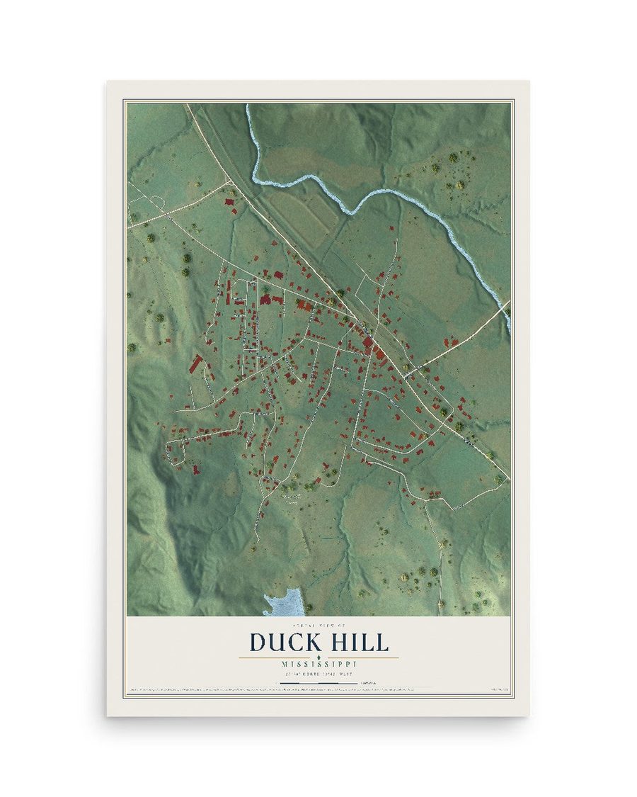 Duck Hill, Mississippi map print, 12 x 18 in, print only