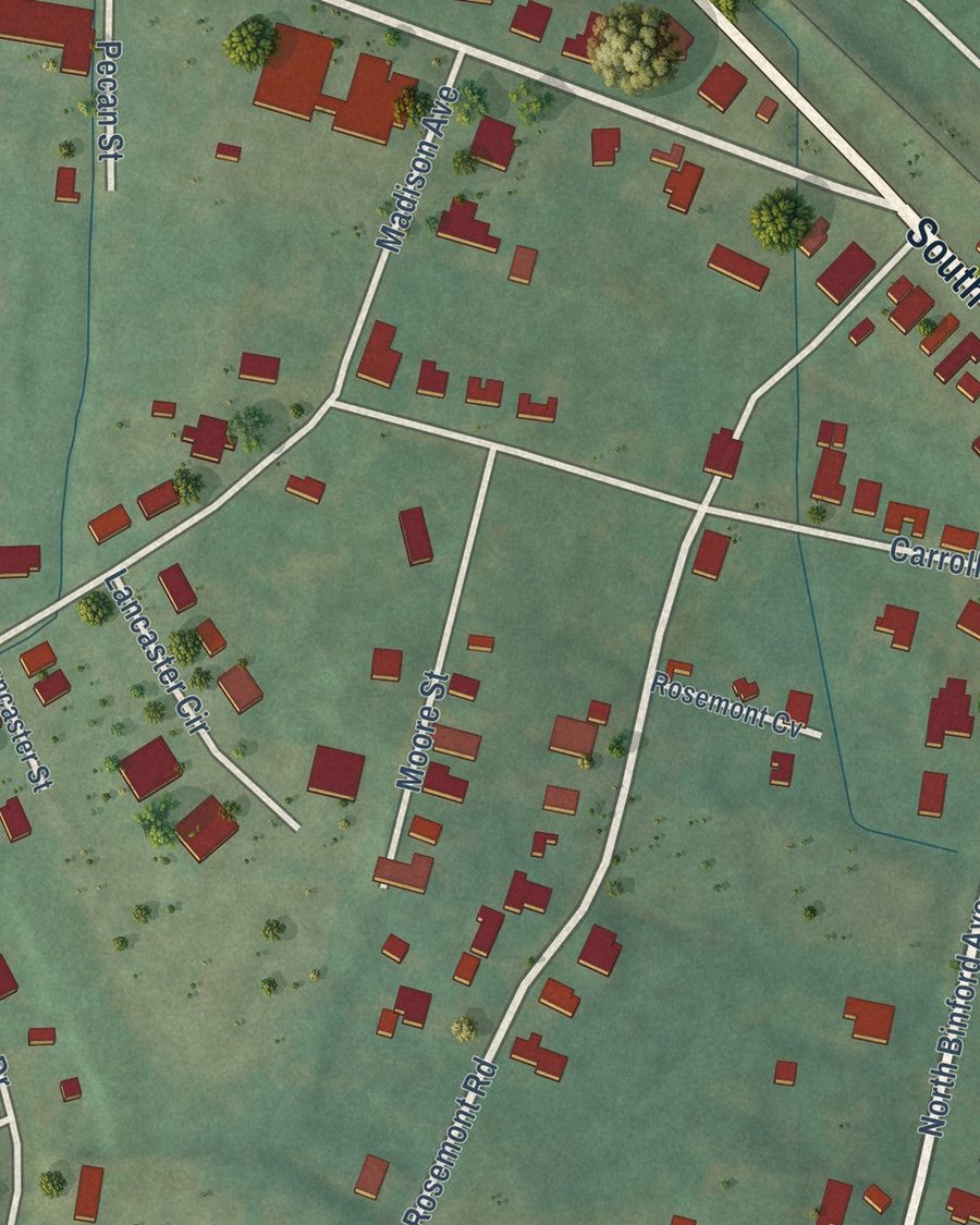Close-up of Duck Hill streets on the map