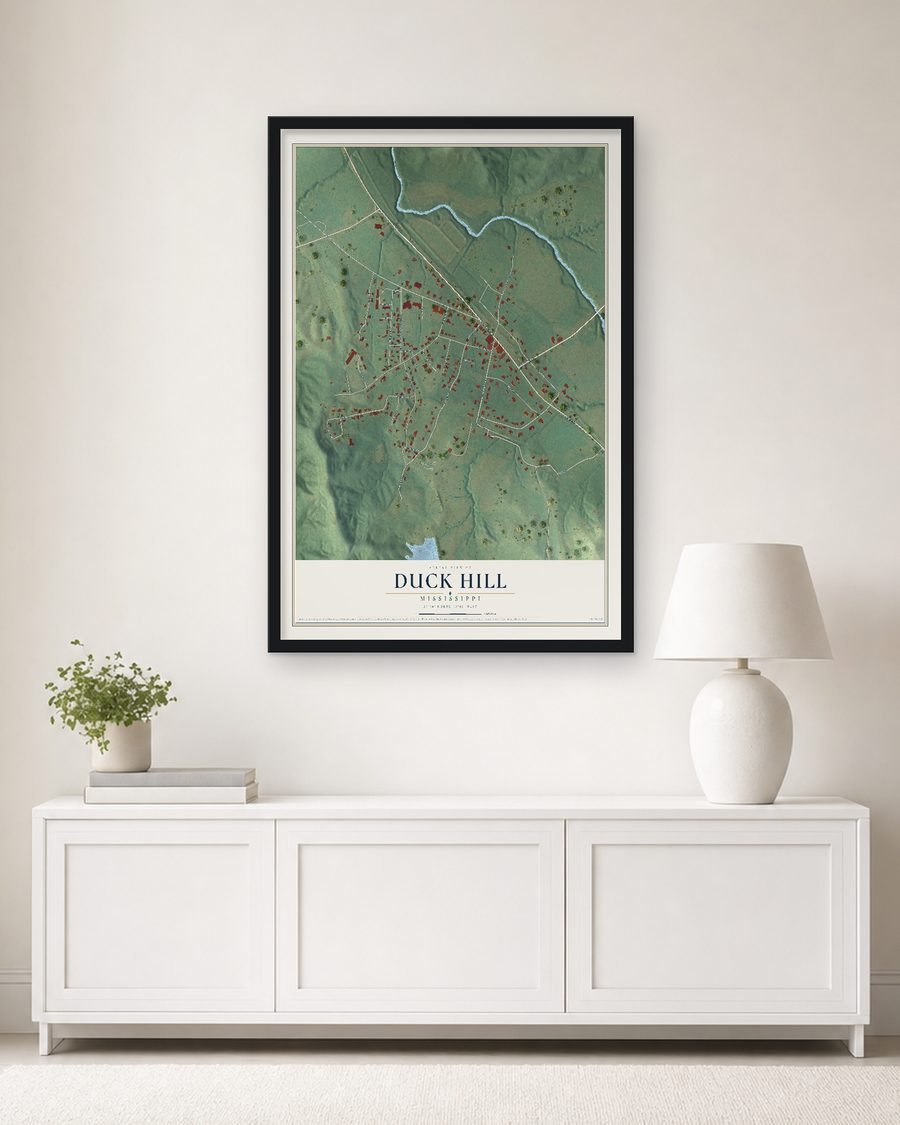 The Duck Hill, Mississippi map, 24 x 36 in, in a black wood frame on a living room wall
