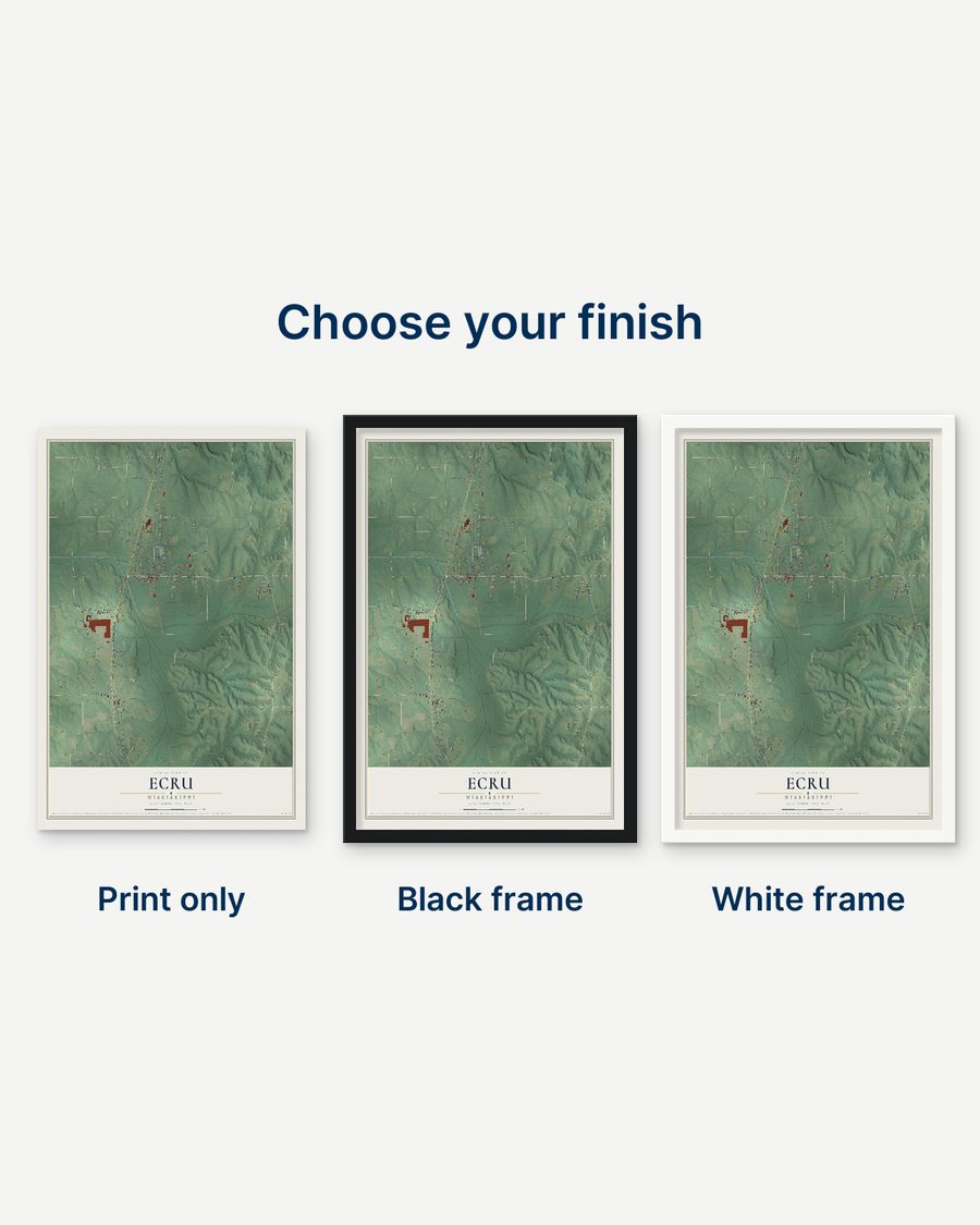 The Ecru, Mississippi map as a print only, in a black frame and in a white frame