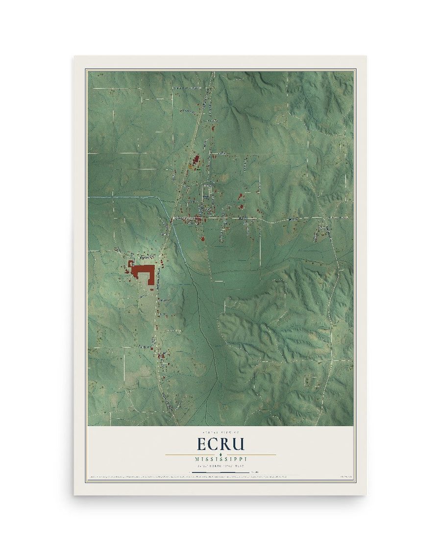 Ecru, Mississippi map print, 12 x 18 in, print only