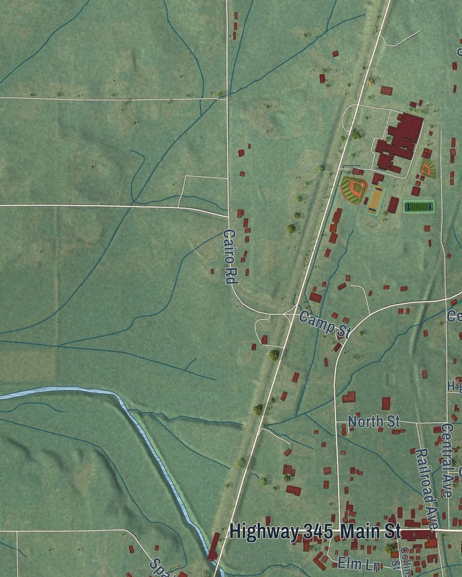 Close-up of Ecru streets on the map