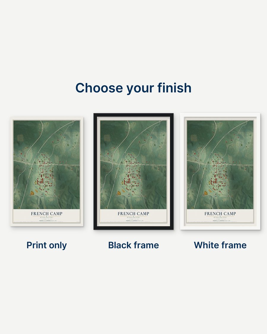 The French Camp, Mississippi map as a print only, in a black frame and in a white frame