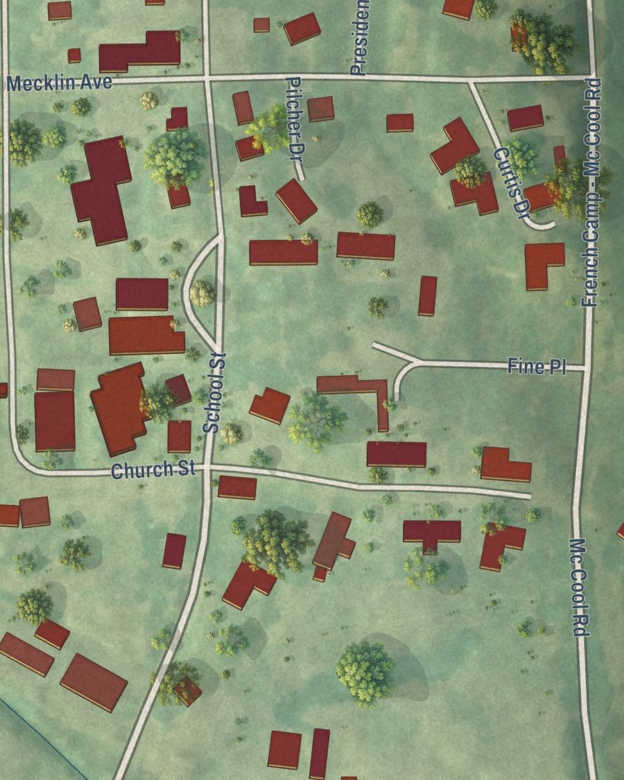 Close-up of French Camp streets on the map
