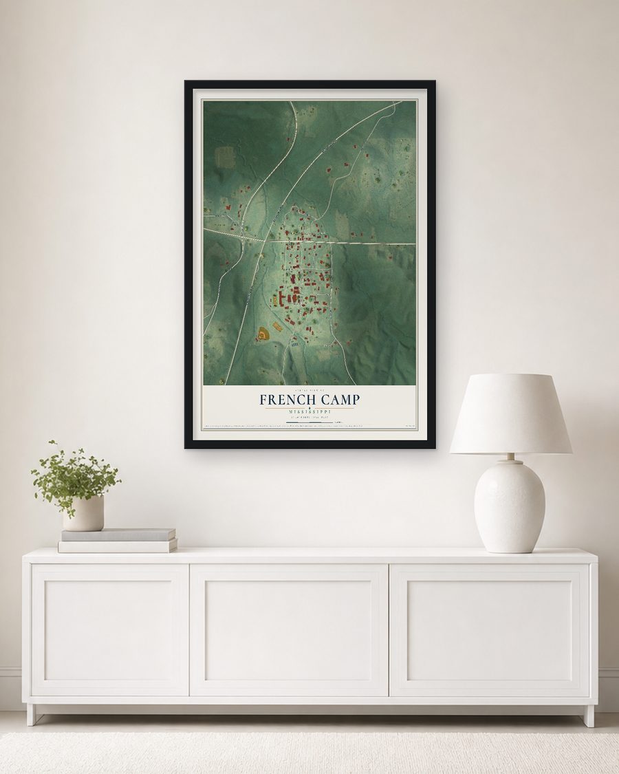 The French Camp, Mississippi map, 24 x 36 in, in a black wood frame on a living room wall