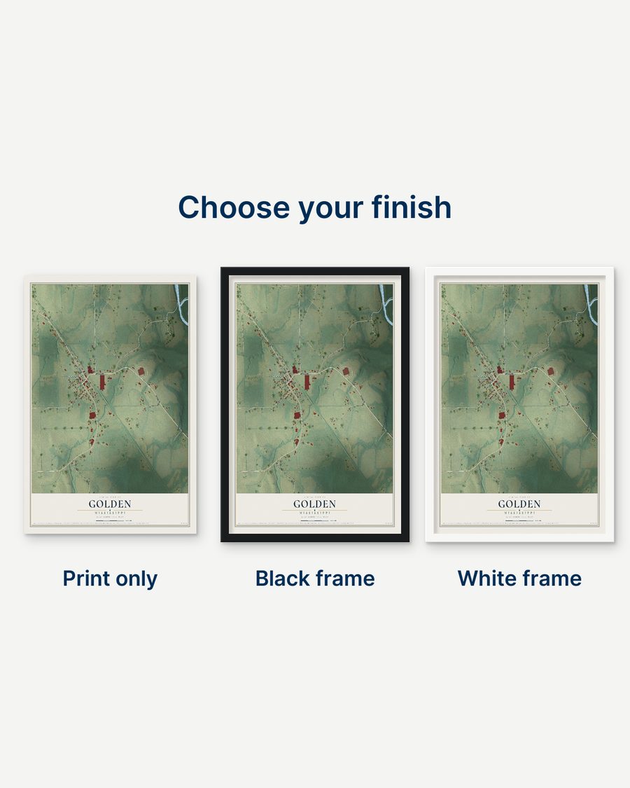 The Golden, Mississippi map as a print only, in a black frame and in a white frame