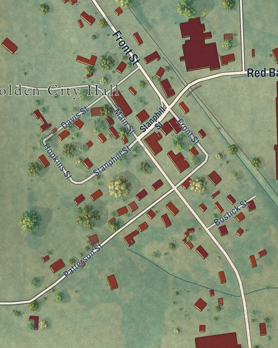 Close-up of Golden streets on the map
