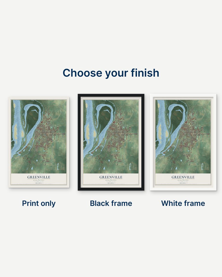 The Greenville, Mississippi map as a print only, in a black frame and in a white frame