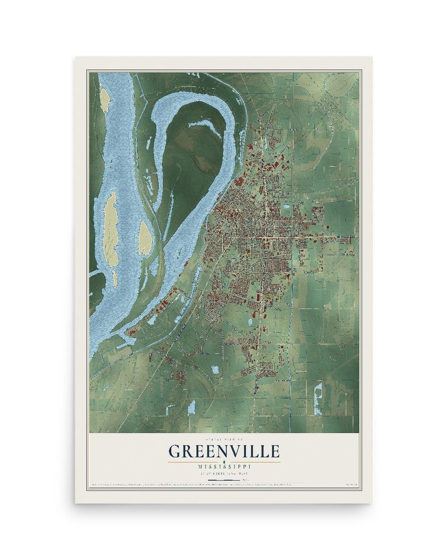 Greenville, Mississippi map print, 12 x 18 in, print only